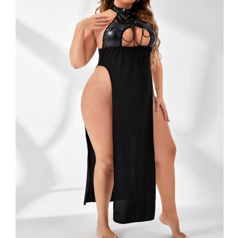 Sexy Cut Out Night Gown Pu Harness Hoop Neck Long Night Bande con corbata frontal