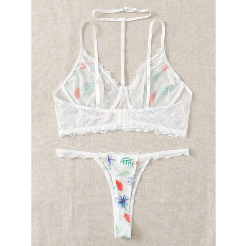 Arnés de encaje de estampado floral Juego de lencería con tanga