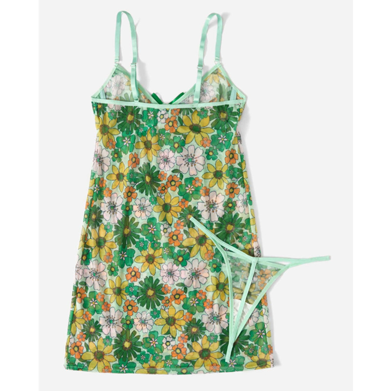 Spring Floral Cami Cami Back Bow Front Slip con sexy contraste tanga