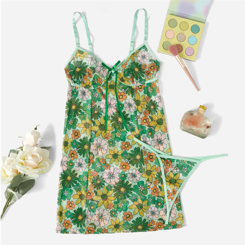 Spring Floral Cami Cami Back Bow Front Slip con sexy contraste tanga