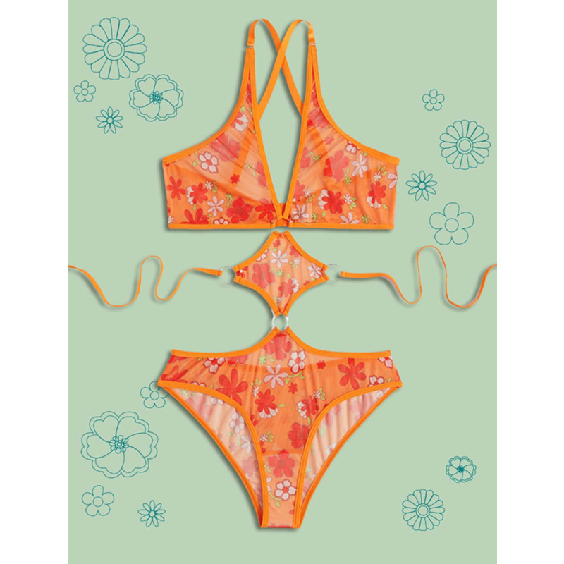 Teddy Bodysuit de teddy con estampado floral Set de lencería de vendaje sexy