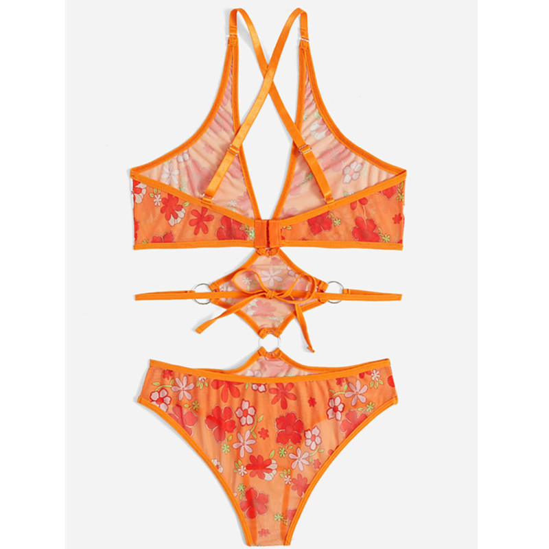 Teddy Bodysuit de teddy con estampado floral Set de lencería de vendaje sexy