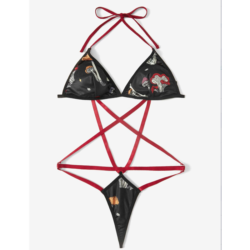 Impreso Halter Thong Design Bodysuit Sexy Criss Cross Teddy y Bustier