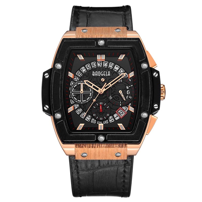 Baogela Brand Fashion Mens Sports Waterproof Calendar Watch Watch Square Multifunción Multifunción Band de silicona Mens Watch 1703 Rose Black