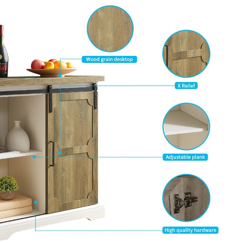 Autero de madera denogal MDF Mesas de aparejo pequeñas Gabinete de buffet con puertas de granero corredizo