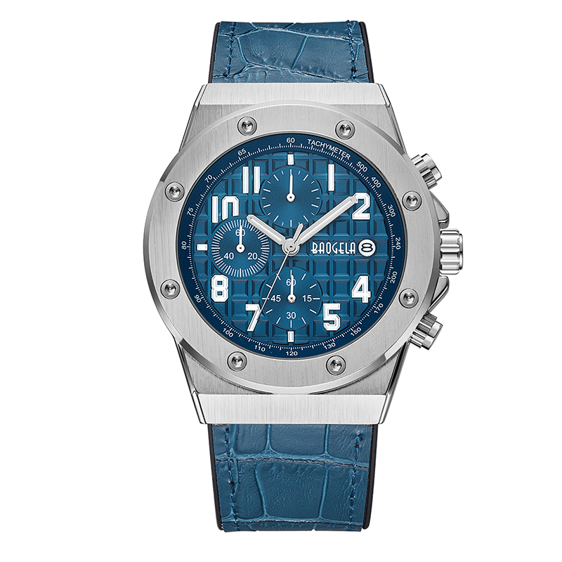 Relojes de cuarzo cronógrafo de Baogela Men 2022 Nuevo deportes impermeables Reloj de cuero Reloj de cuero 1805 azul