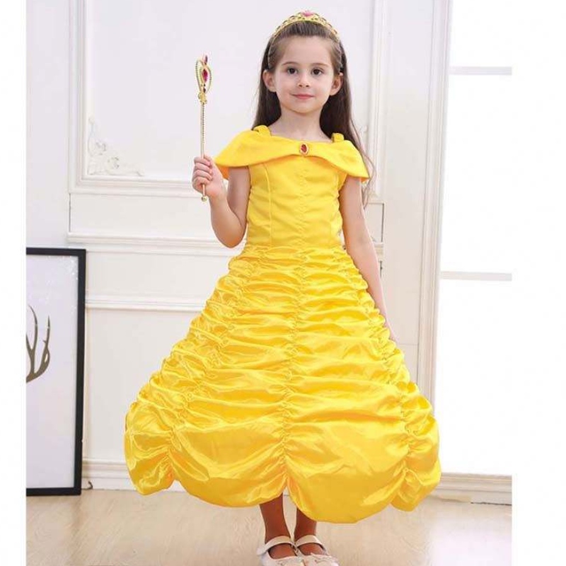 Ropa deniños de Halloween en capas fuera de hombro princesa amarilla belle disfraz deniñas pequeñas vestidos hcbl-001