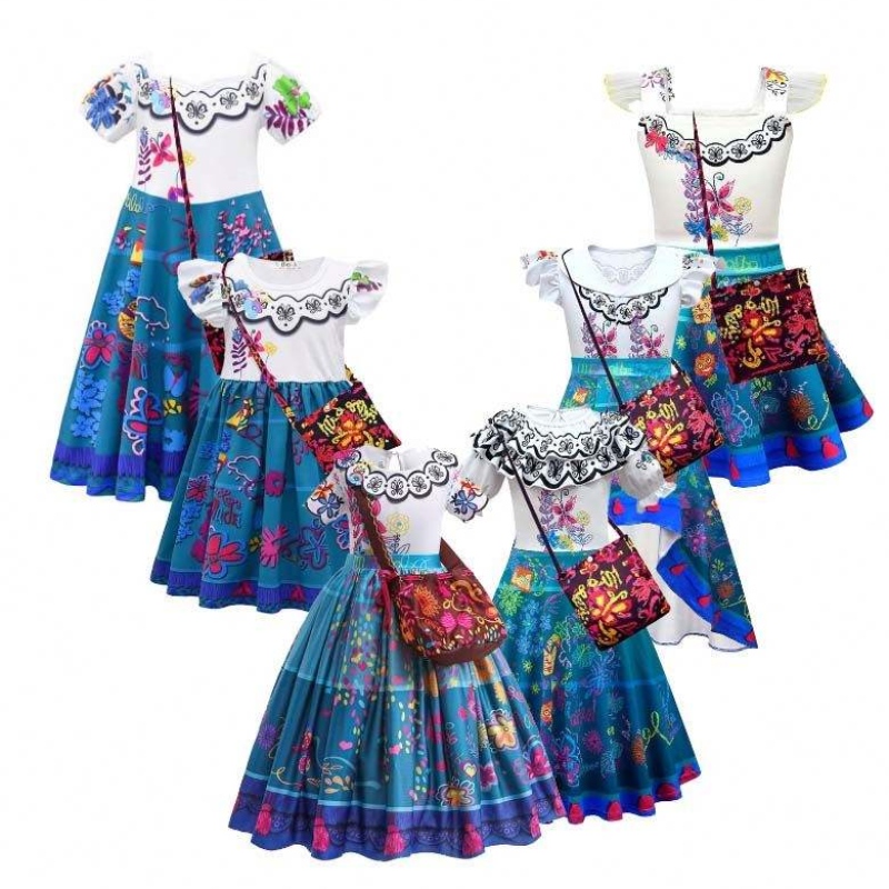 2022 Niños Encanto Madrigal Princess Skirts Outfits Blue Mirabel Vestido de Encanto con Bag 100-160cm HCIS-001