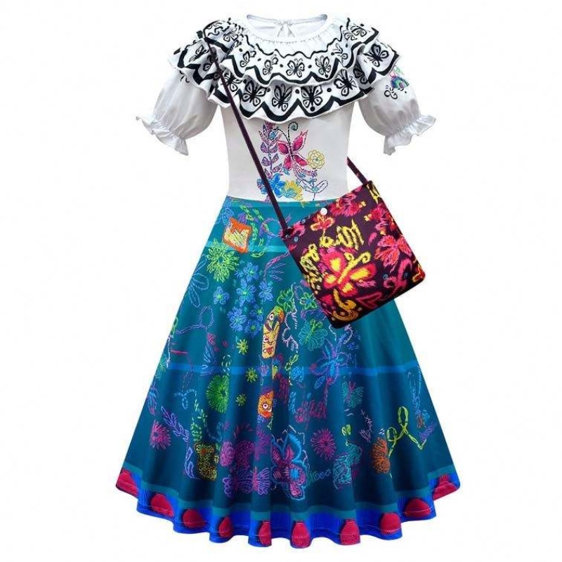 2022 Niños Encanto Madrigal Princess Skirts Outfits Blue Mirabel Vestido de Encanto con Bag 100-160cm HCIS-001