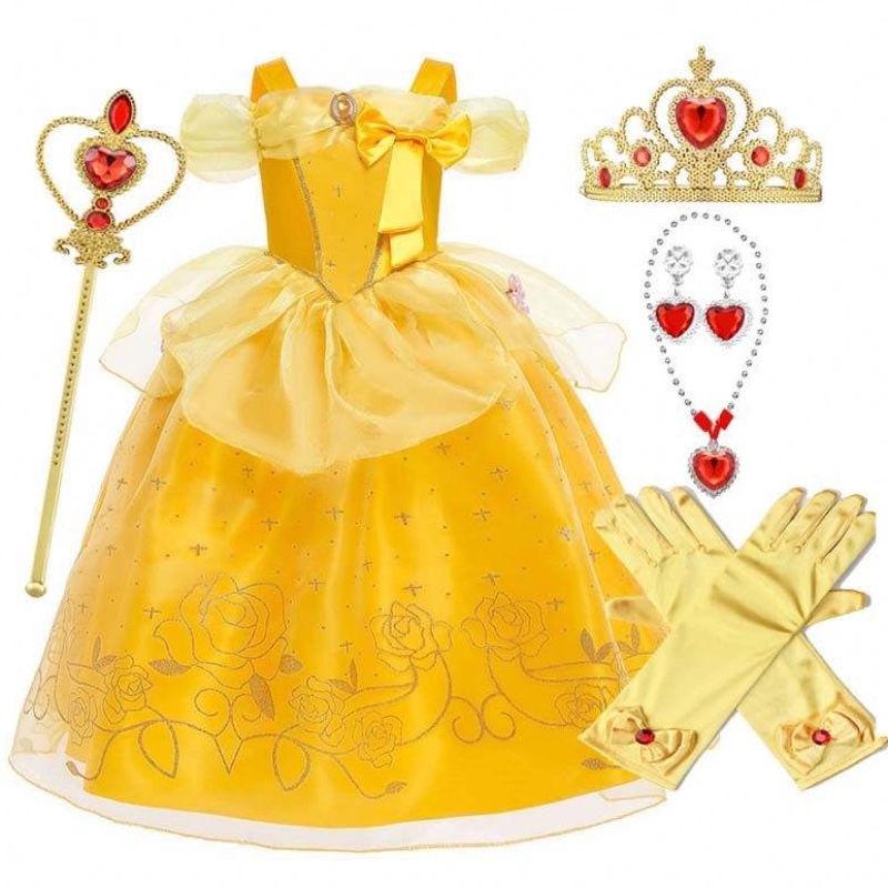 Halloween Christmas Outfits Little Girl Yellow Capeer Classic Children Belle Princess Vestidos con accesorios HCBL-005