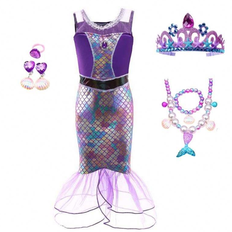 Princess Little Girls Sequins Vestido de sirena paraniña 6to7 años con joyas HCMM-006