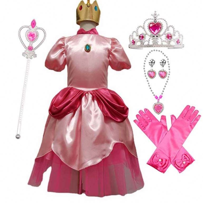 Carnaval Cosplay Baby Girl Farty Super Brother Cartoon Pink Princess Princess Peach Disfraz con Crown HCMU-006