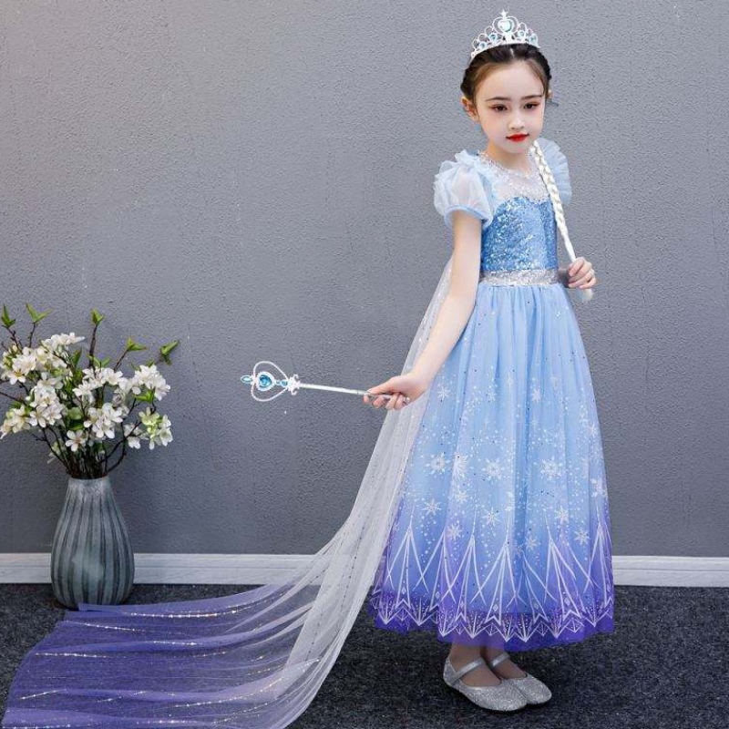 Baige 2021 New Blue Elsa Anna Girl Party Dress Vestidos de cosplay princesa con collar hecho a mano y larga capa