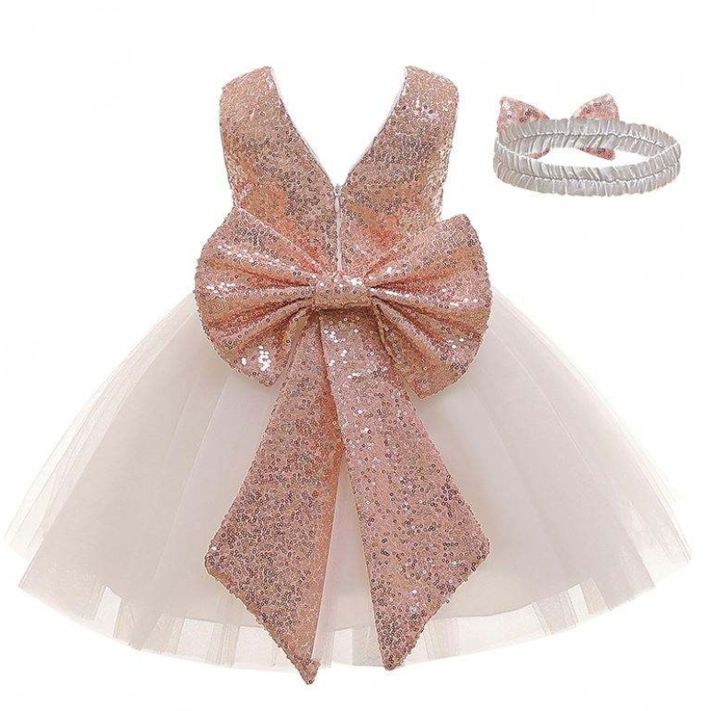 Baige New Llegada Lectined Bow Summer Kids Vestido de cumpleaños con banda para la cabeza