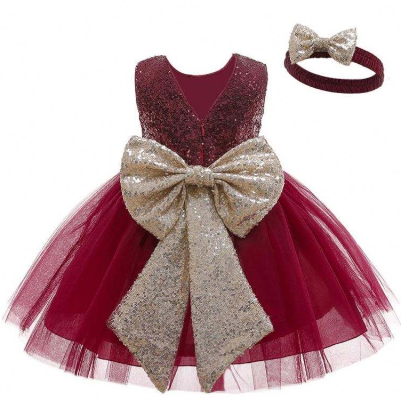 Baige New Llegada Lectined Bow Summer Kids Vestido de cumpleaños con banda para la cabeza