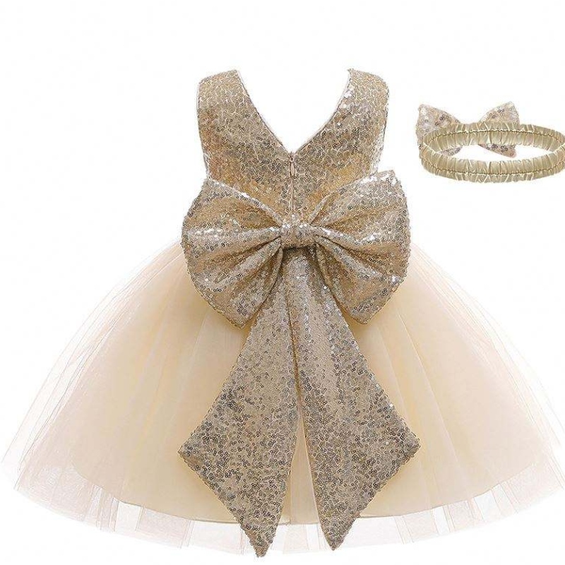Baige New Llegada Lectined Bow Summer Kids Vestido de cumpleaños con banda para la cabeza