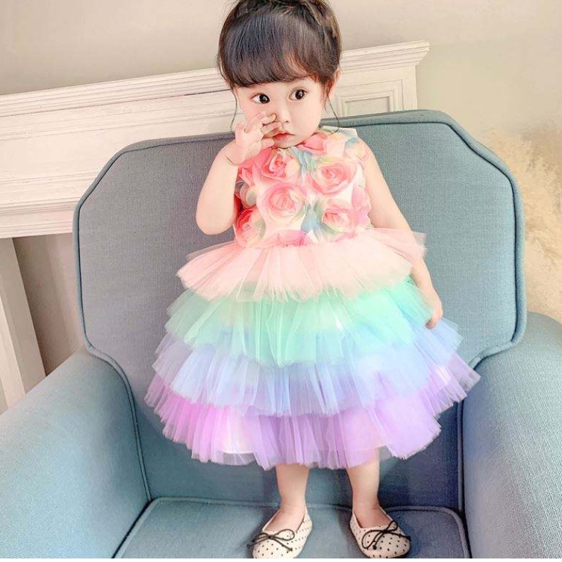 Baige infantil flor de flores cumpleaños princesa pastel ropa formal flor de flores