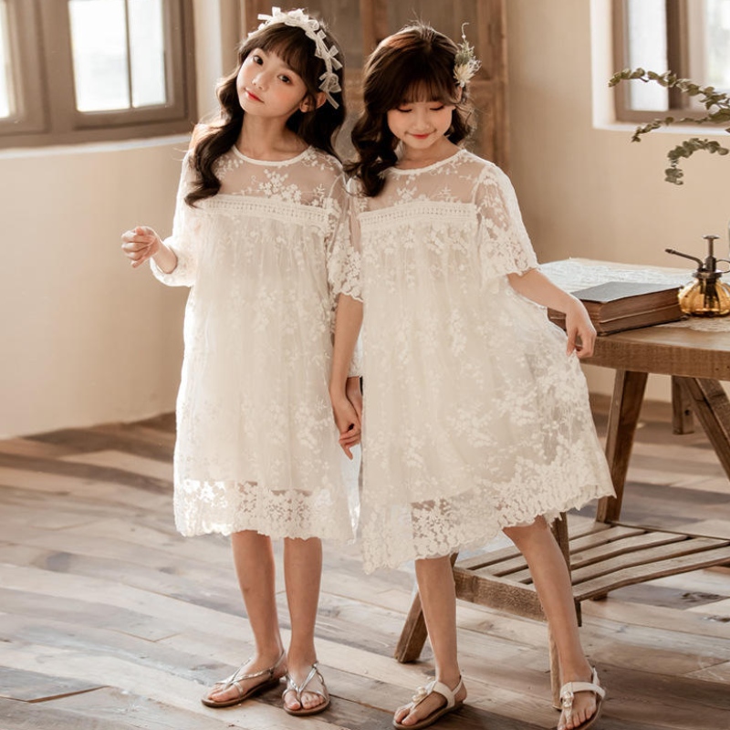 NUEVO Summer Cotton Net Lace Lace Girls Vestidos paraniños Falda paraniños Ropa paraniños Vestido de princesa blanca de 3 a 14 años