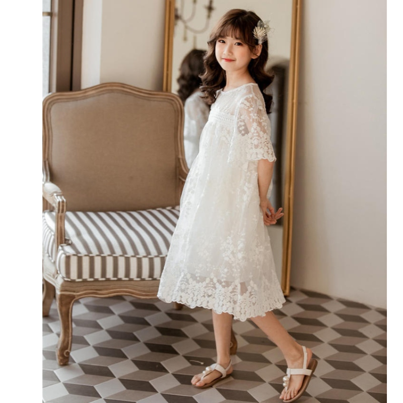 NUEVO Summer Cotton Net Lace Lace Girls Vestidos paraniños Falda paraniños Ropa paraniños Vestido de princesa blanca de 3 a 14 años