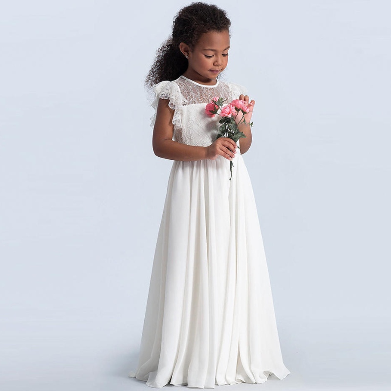 Vestido de encaje de chicas maxiniños manga volante princesa princesa tule vestidos de dama de honor primeron Vestidos de vestidos de lasniñas del concurso