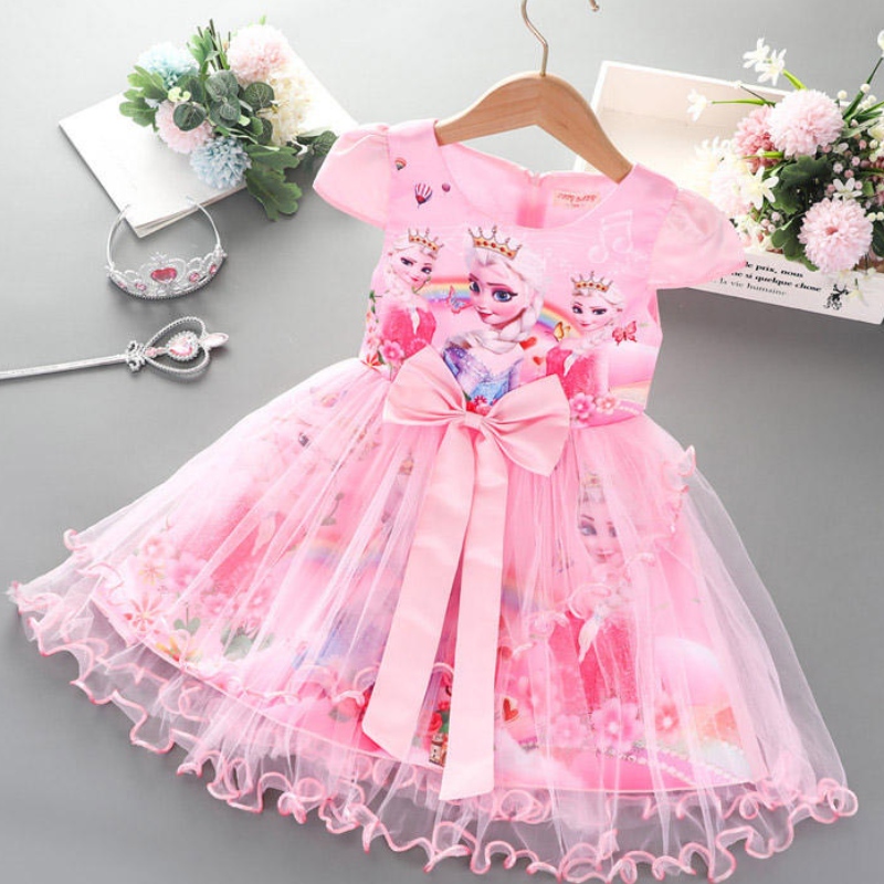 2-8Y Vestido deniñas Summer Nuevo manga corta Princesa Elsa Mesh Tutu Skirt Children \\ La fiesta de cumpleaños de la fiesta de cumpleaños