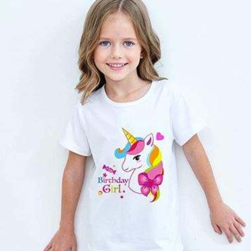 Baige Girl Summer de manga corta linda camiseta de algodón estampado de unicornio