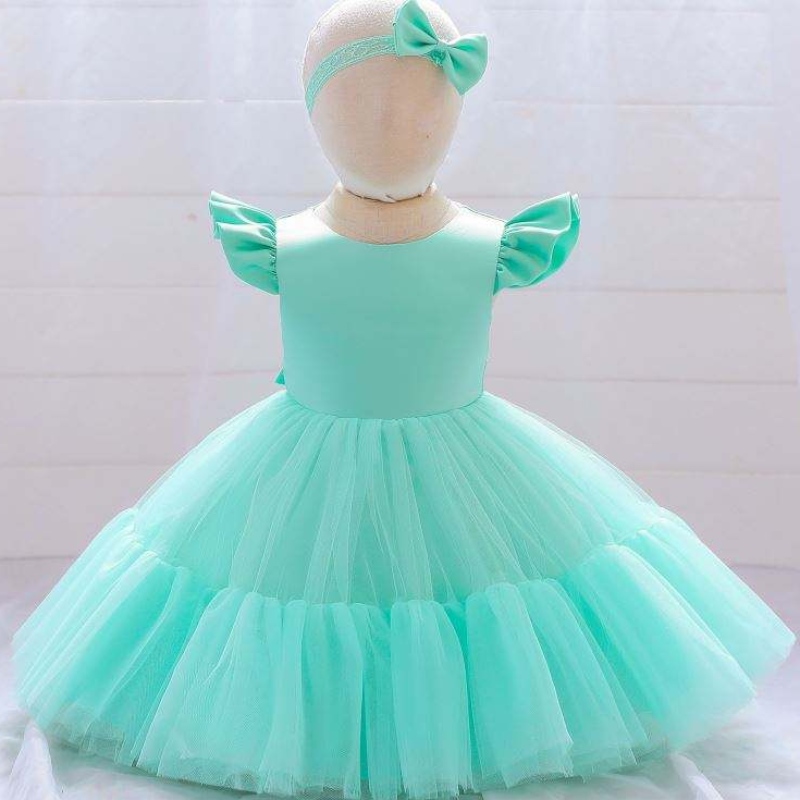 Baige Mesh Satin Princess Girls Vestidos de cumpleaños encantadores Diseños de vestidos paraniñas paraniñas para bautismo con banda para la cabeza