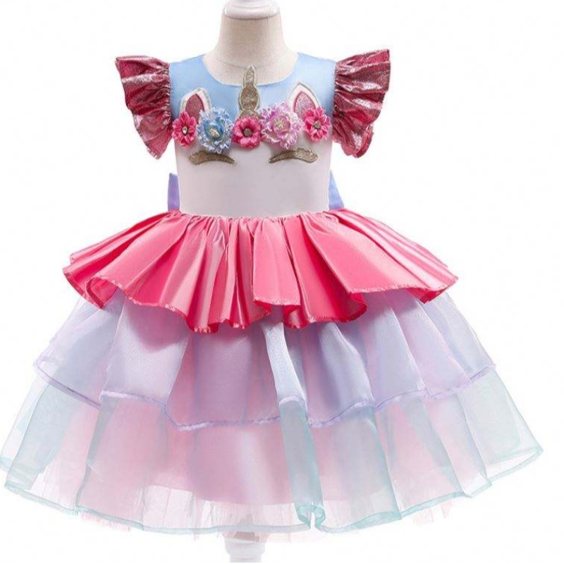 Baige plisado mangas cortas pastel en capas vestidos de floración de Pascua vestidos de unicornio para fiesta para fiesta