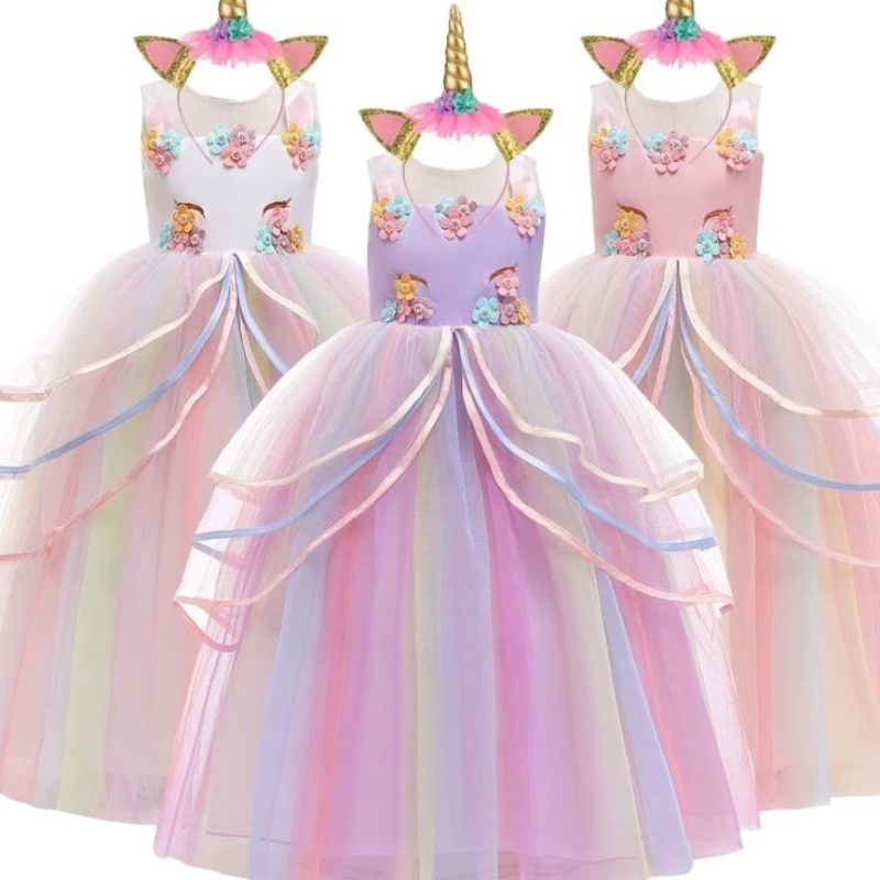 Baige Hot Sale Rainbow Unicorn Party Vestidosniños Vestido deniña de flores con banda para la cabeza