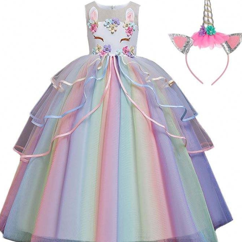 Baige Hot Sale Rainbow Unicorn Party Vestidosniños Vestido deniña de flores con banda para la cabeza