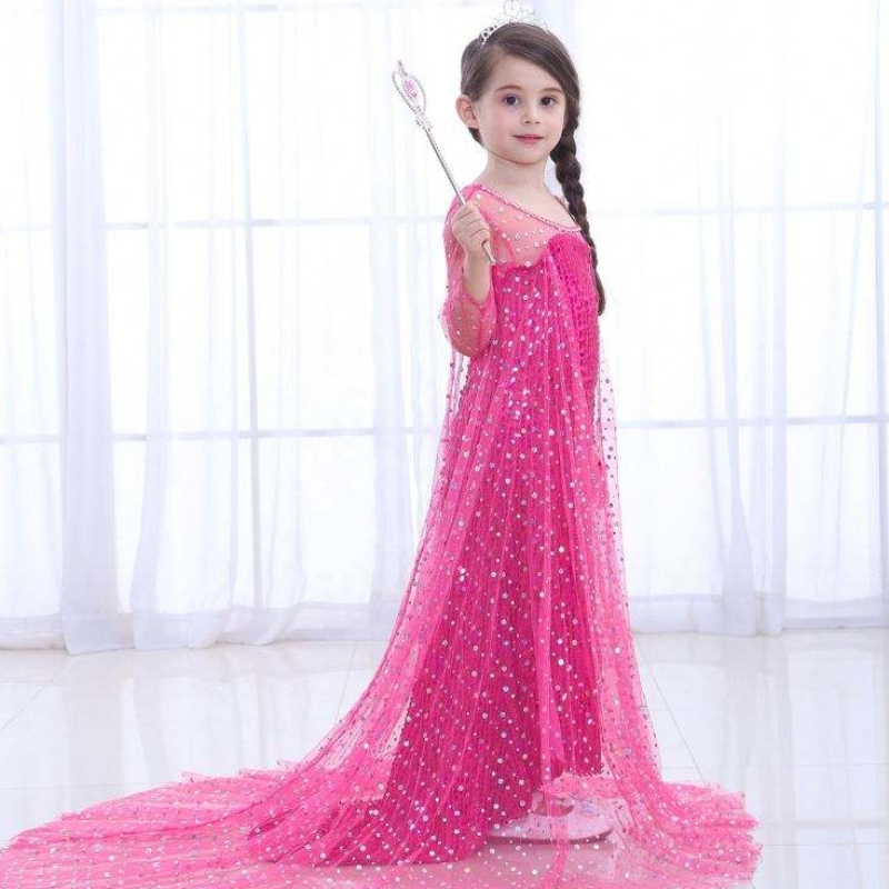 Snow Queen 2 Elsa Anna Disfraz Vestidos deniños Girl Party Halloween Cosplay Vestido con brillante Capa larga