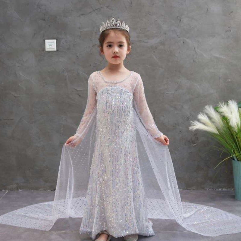 Snow Queen 2 Elsa Anna Disfraz Vestidos deniños Girl Party Halloween Cosplay Vestido con brillante Capa larga