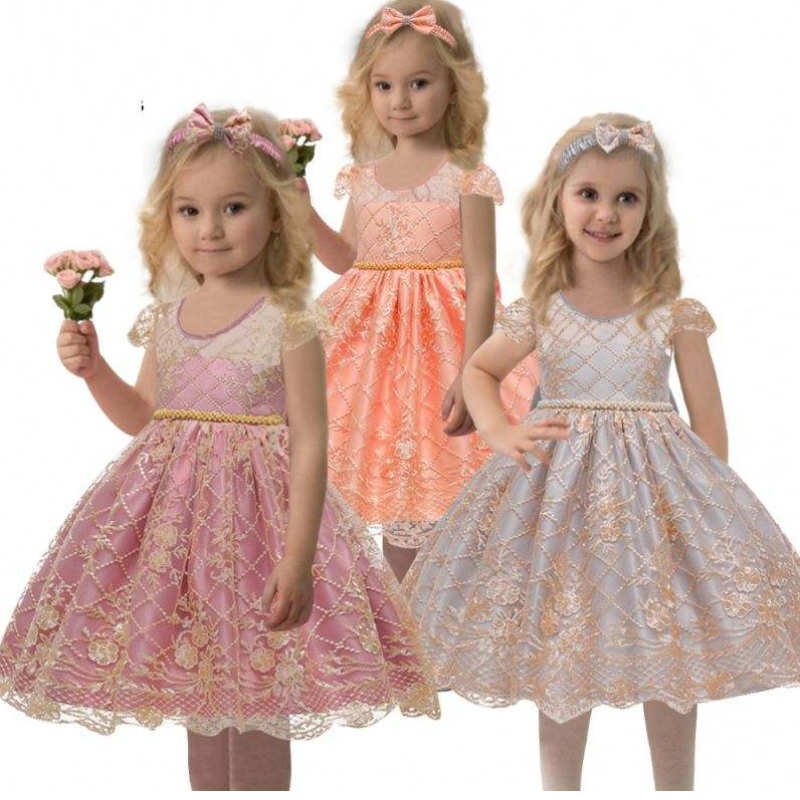 China Factory Kids Party Satin Frock Baby Flower Birthday Garments Children Ropa de verano 7933