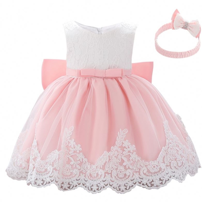 Baige 2021 Summer Pink Girl sin mangas paraniños Vestidos de encaje paraniños Princesa Big Bow Dress