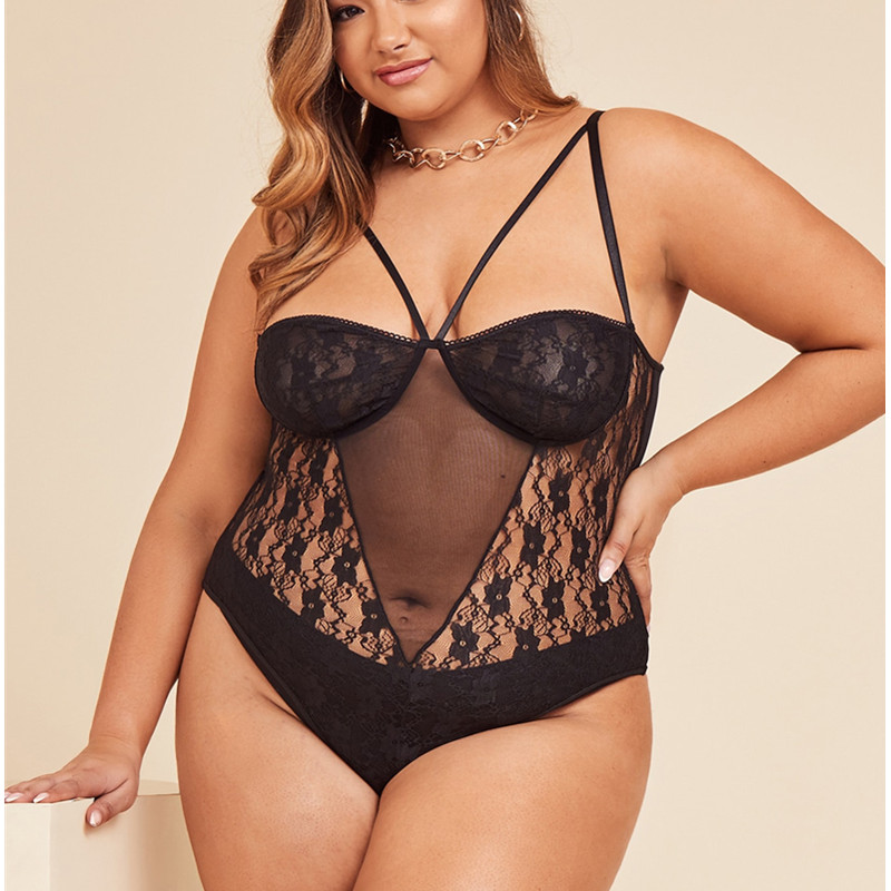 Encaje insertar bodysuit sexy arnés peluche y bustros