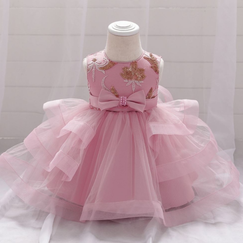 Baige Bordado al por mayor Pearl Bow Design Party Baby Girl Vestido Fiesta de cumpleaños Niños L1929XZ