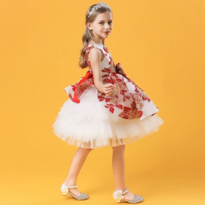 Baige Hot Sale NUEVO estilo 3-10 añosniñas Niñas Niñas Niñas Flores Flores BOWS Bordado Fiesta de la boda Cumpleaños