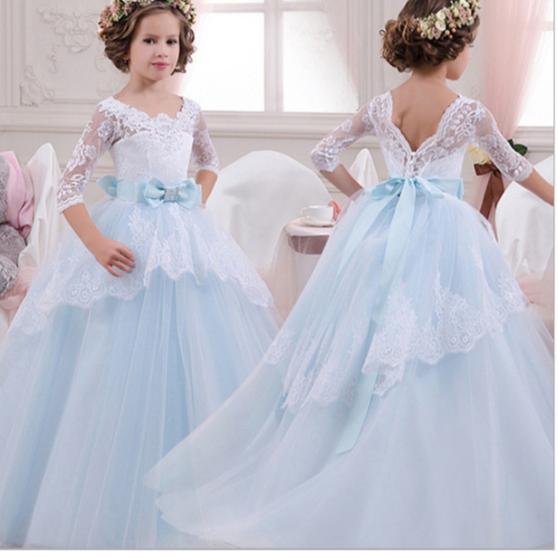 Vestido denovia deniños deniños de siete tramos de encaje de la manga de siete tranvías Beard Bow Bard Vestido