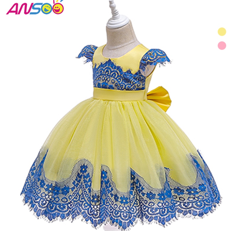 Ansoo baby girl buff manga fiesta retro vestido amarilloniños princesa arco de verano tutu vestidos rosas paraniñasniños