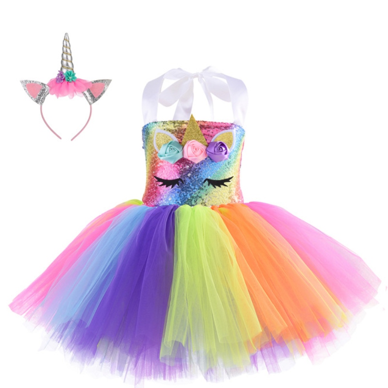 Vestido de fiesta de lentejuelas Vestido de princesa de unicornio paraniñas 1-10 años con diadema de cumpleaños Dance Tutu Vestido