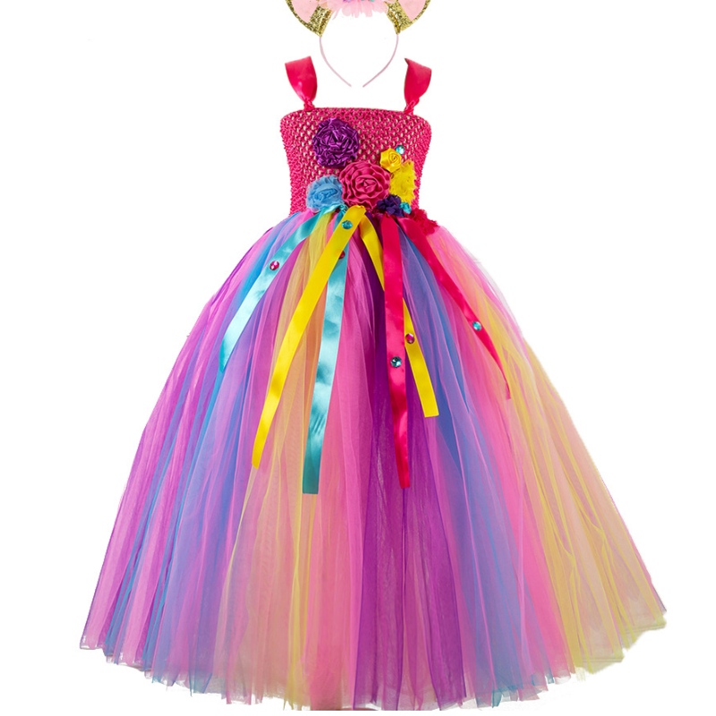 Vestido de princesa de malla de chicas Vestido de fiesta de flores rosa con tocado