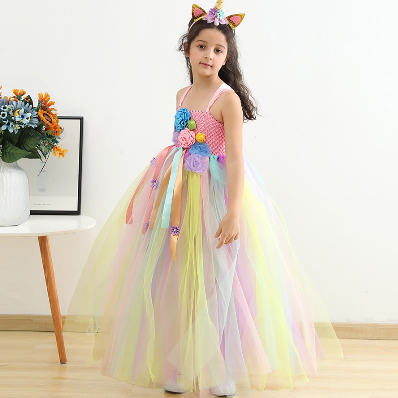 Vestido de princesa de malla de chicas Vestido de fiesta de flores rosa con tocado