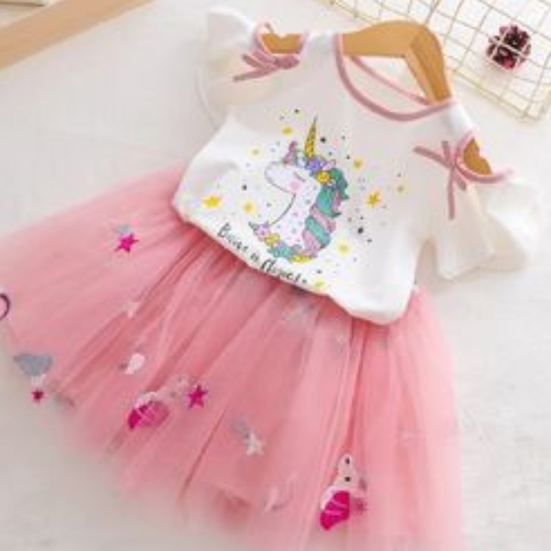Vestido de unicornio femenino camiseta de verano + vestido de princesa Tutu vestido de manga corta para niños