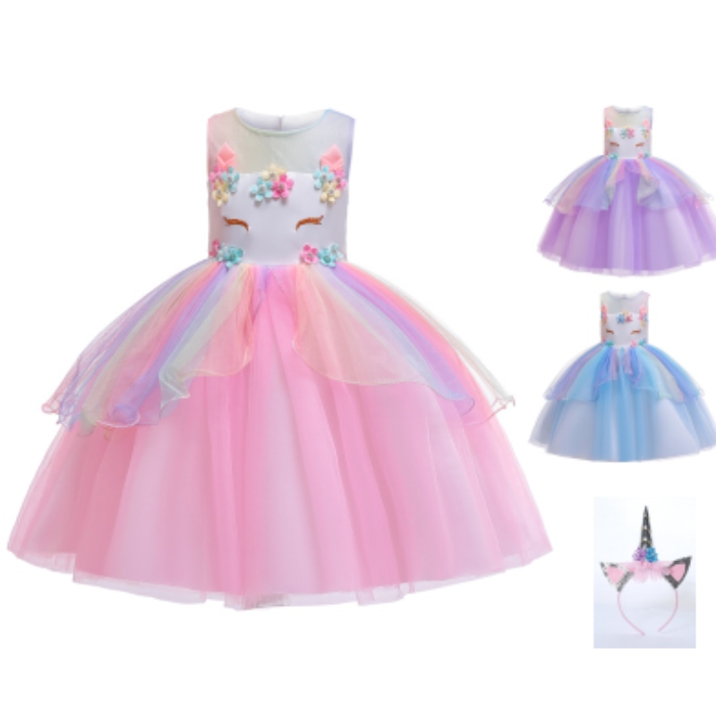 Rendimiento de unicornio ropa de vestir paraniñas Rainbow unicornio Tutu Tutu Dress con regalo de cumpleaños de la diadema