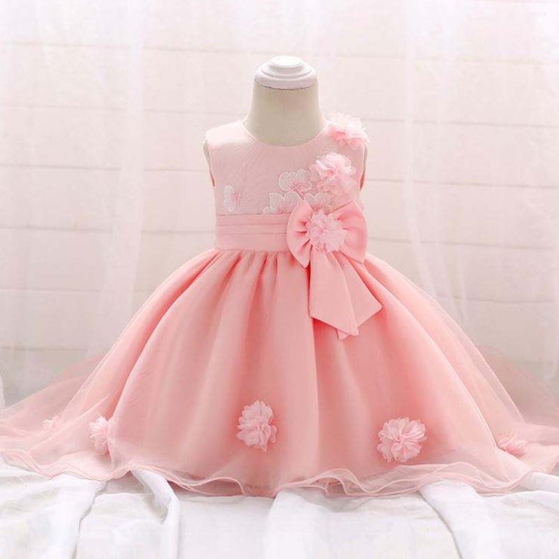Último diseño Niña Lovely Flower Baby Girl Pink Children Party One Piece Western Kids Wedding Vestido