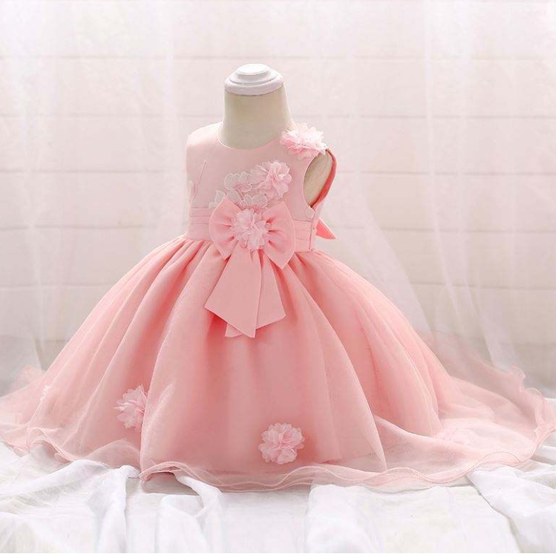 Último diseño Niña Lovely Flower Baby Girl Pink Children Party One Piece Western Kids Wedding Vestido