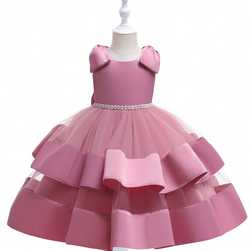 Baige Summer Kids Wedding Dress Boutique Baby Girl Fiest Wear Diseños de vestimenta con arco de hombro