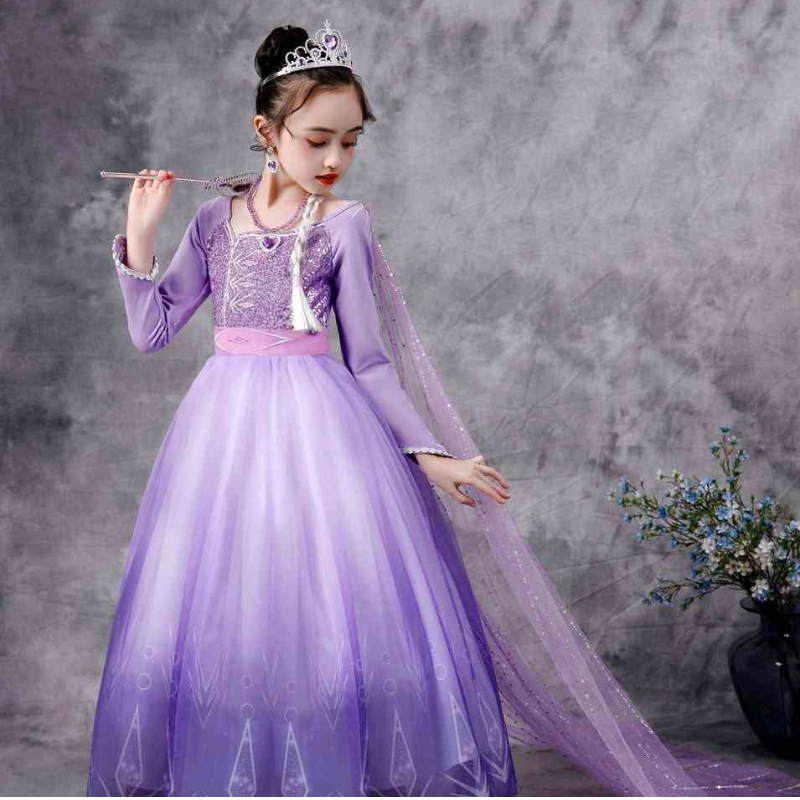 Baige Snow Queen Purple Elsa Elsa Christmas Halloween Anna Disfraz de chicas de manga larga Vestidos de lentejuelas bordadas