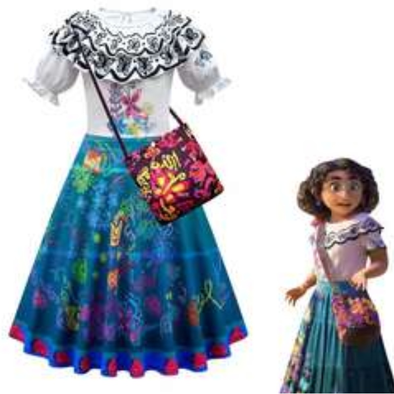 Baige Kids Girls Encanto Mirabel Vestido de cosplay con bolsa de halloween carnaval traje