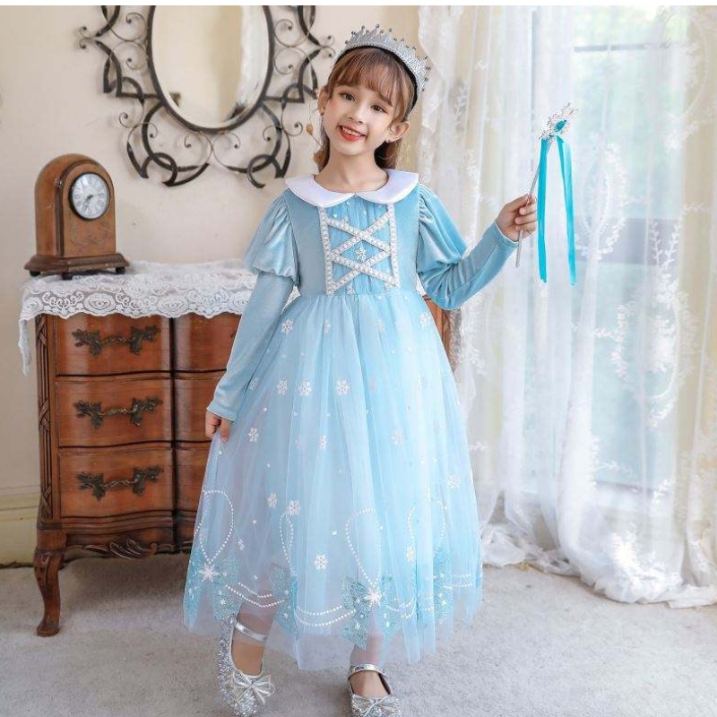 BX1763 Nuevas mangas largas de otoño Anna Elsa Princess Dress Halloween Cosplay Cosplay Kids Flower Girl